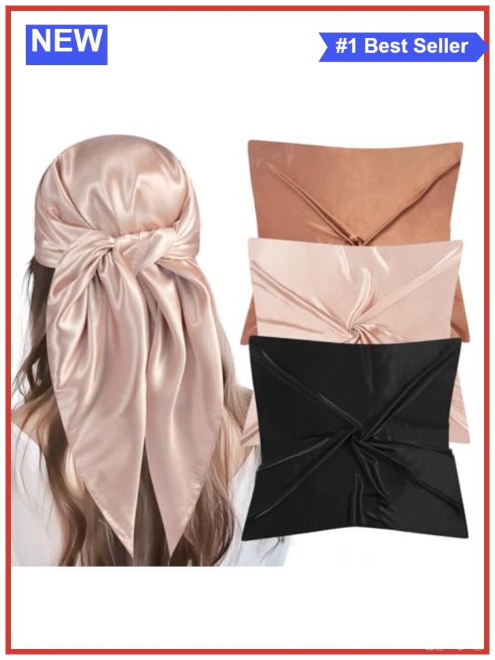 35" Large Square Satin Head Scarf Set - 3 Pc Silk Like Hair Scarf Bandana